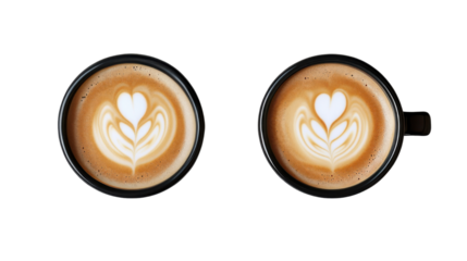 coffee cups latte art top view on white background