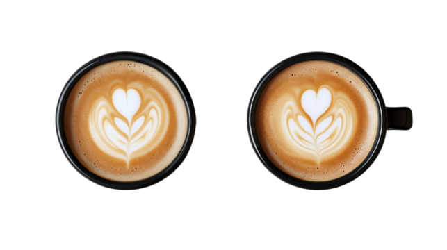 coffee cups latte art top view on white background