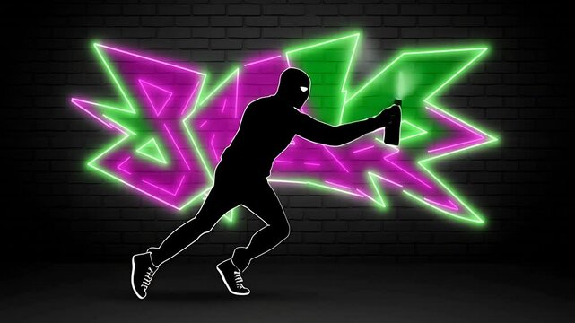 vector portrait of a graffiti artist mid-spray, neon paint trails glowing against dark brick wall Cyberpunk color scheme (electric pinkacid green) with visible vector 