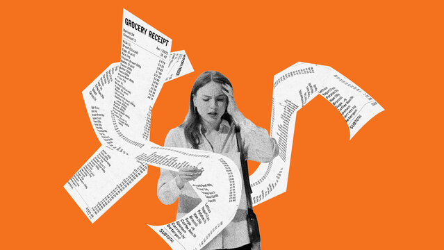 Worried woman looking at oversized grocery receipt in shock from high prices and financial stress. Concept of economy, economic crisis, inflation, cost of living Photocopy effect. Conceptual design.