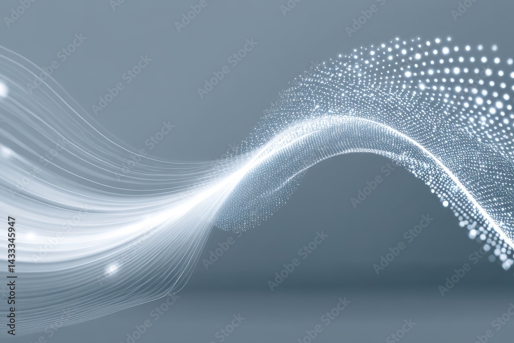 Poster An elegant and modern abstract background featuring flowing white light lines and particles creating a dynamic wave effect on a smooth gray gradient backdrop.