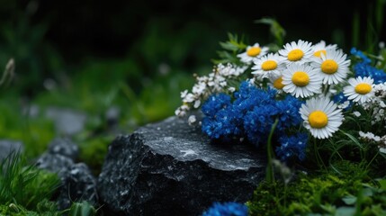 Close-up of a dark grey rock adorned with white daisies and blue flowers amidst green moss and foliage in a natural setting.