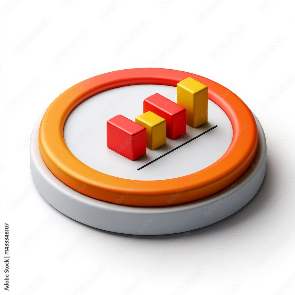 Poster 3d render of a bar graph in an orange and white circle, showing positive growth and financial succes