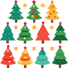 Colorful Christmas Tree Icons Collection Festive Flat Design Holiday Trees with Stars and Decorations	