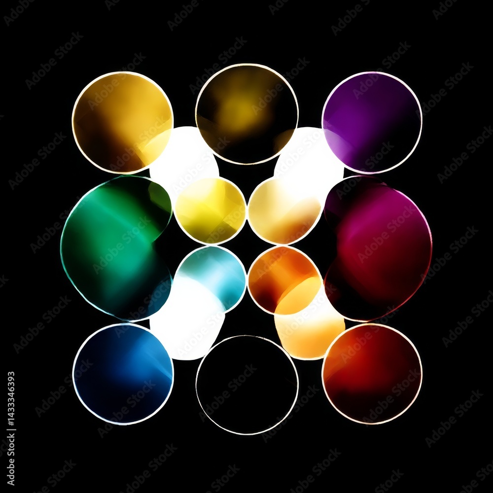 Aufkleber Abstract Circular Spectrum: An array of luminous circles overlapping in a vibrant color palette against a stark black background