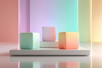 Three colorful podiums against a pastel background create a modern, minimalist scene, perfect for displaying products or showcasing abstract art with smooth textures.