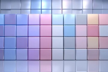 Abstract arrangement of pastel colored cubes, creating a soft, modern design with geometric reflections and smooth, glossy surfaces, perfect for backgrounds.