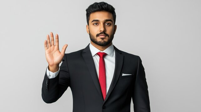 Indian businessman raises hand, pledging commitment, displaying solemnity, integrity, dedication, responsibility, ethical behavior.