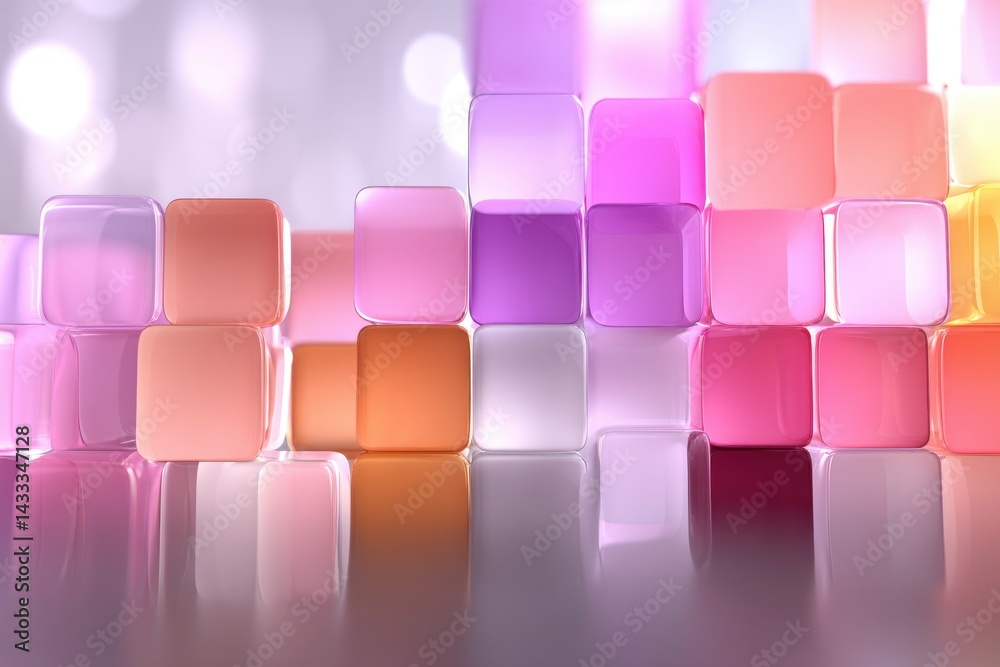 Poster abstract 3d rendering of stacked translucent rounded cubes in pastel colors, creating a visually app