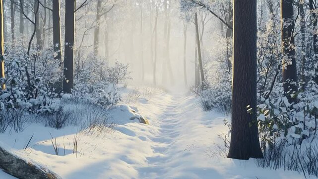 Enchanting winter woodland path under gentle sunlight through snow-covered trees