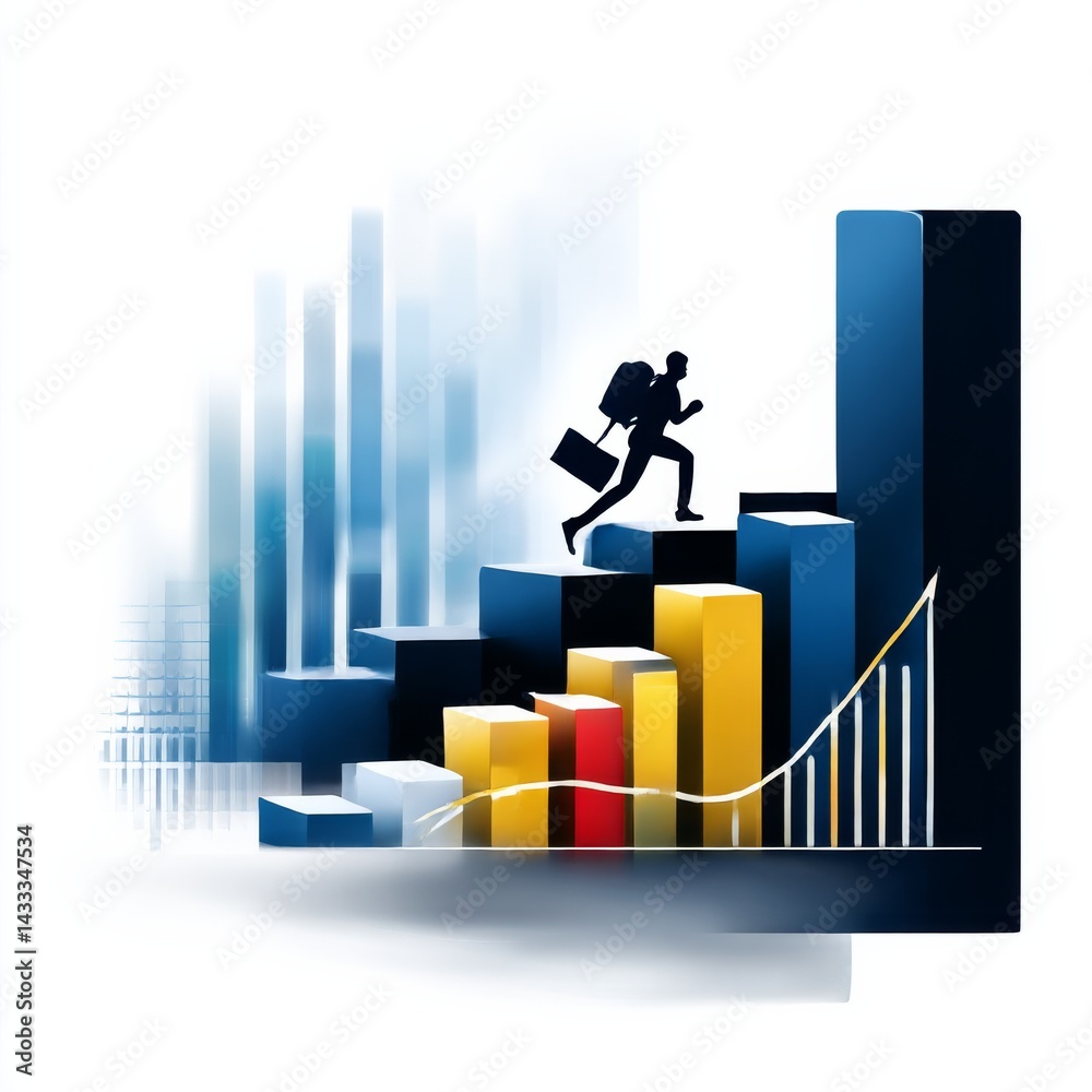 Poster climbing the charts: a businessman's journey to success with rising bar graphs and an upward trendin