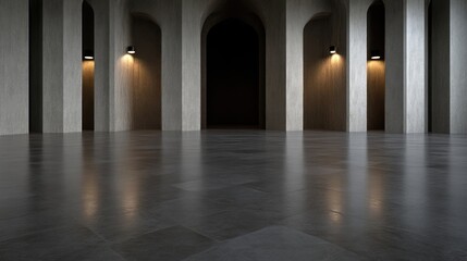 A minimalist architectural hall with polished floors reflecting light from wall-mounted fixtures, featuring a series of arches and pillars.