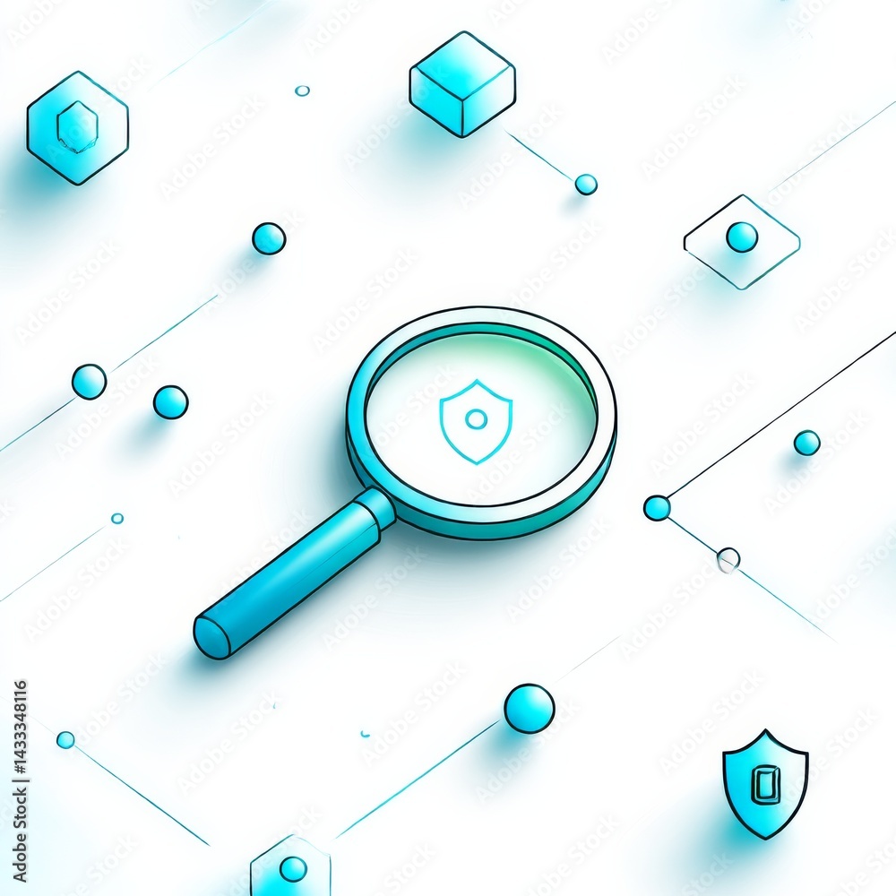 Fototapete digital security audit: magnifying glass on shield in network of connected nodes, emphasizing data p