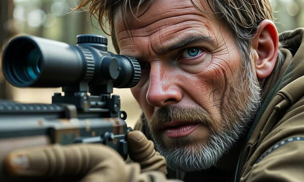 Middle-aged male sniper in outdoor setting looking through scope with serious face. Concept of precision and focus