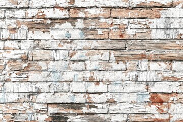 An aged brick wall background with distressed white paint, creating a rustic texture and weathered surface for creative design projects and textural elements.