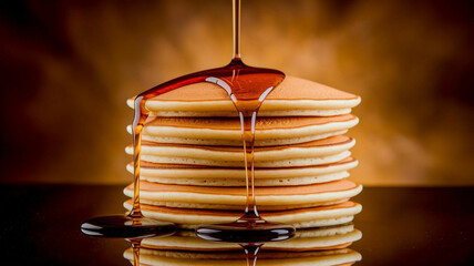 A Delicious Stack of Golden Pancakes Being Drizzled with Rich Maple Syrup on a Reflective Surface