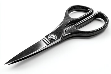 Obraz premium A close-up studio shot of professional black scissors with a shiny texture, set against a clean white background, showcasing its sharp blades and ergonomic design.