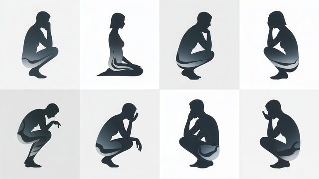 Silhouette illustrations of various human postures, demonstrating different states of contemplation.