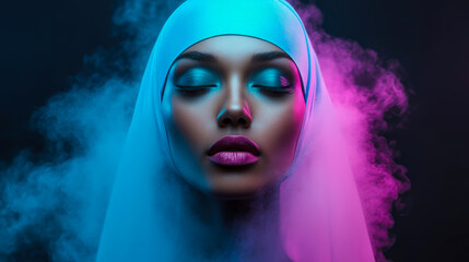 Fototapeta premium Serene Portrait: Dreamy Woman with Head Covering in Hues of Cyan and Magenta