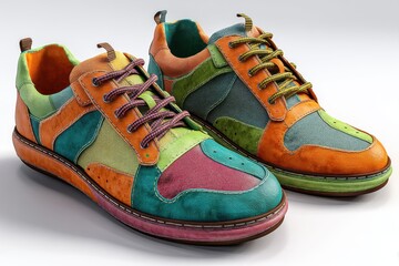 Close-up shot of colorful patchwork sneakers with vibrant hues and unique design details, showcasing an artistic and fashionable footwear style on white background.