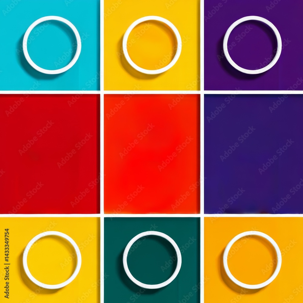 Poster Vibrant Squares: A Colorful Grid of Circular Forms and Solid Blocks in Modern Art Style