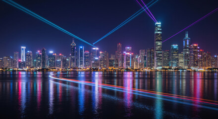 Fototapeta premium Vibrant Cityscape at Night – Illuminated Skyline and Laser Light Show