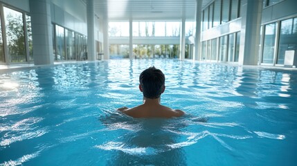 Caucasian man swimming, immersed, reflecting in water, finding tranquility, enjoying healthy, relaxing self-care.