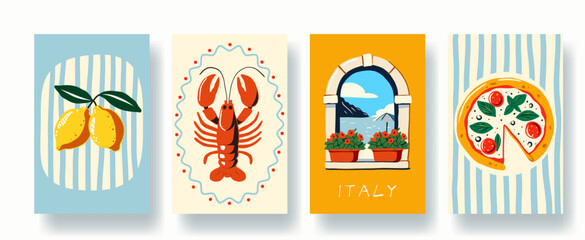 Mediterranean summer vector prints with lemons, lobster, sea window view, and pizza. Bold colors, striped backgrounds, and cheerful coastal food and travel-themed illustrations