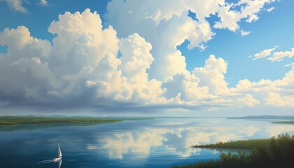 Obraz premium Calm lake with cumulus clouds
