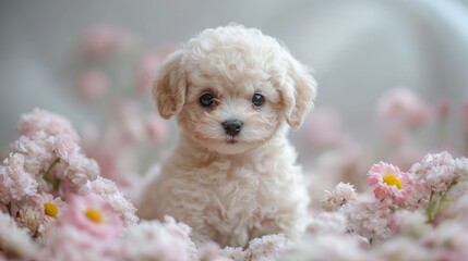 Poodle puppy sits nestled amid pink blooms, gazing directly at camera with sweet, innocent expression.