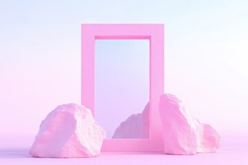 A minimalist pastel pink product display scene with a rectangular frame and two abstract rocks.