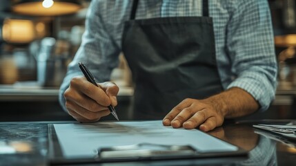Obraz premium Caucasian adult is writing on paper, perhaps managing inventory, business, record keeping, organization planning.