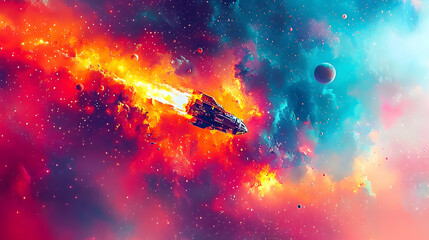 Spaceship bursting through nebula, cosmic fire and planets, space exploration, science fiction art, ideal for sci-fi film posters