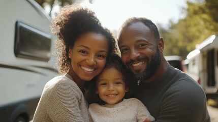 African American family embraces outdoors, smiles radiate joy, creating cherished memories together, relaxed, happy.