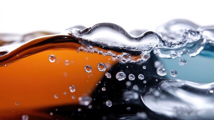 Dynamic close-up of two immiscible liquids with numerous bubbles at their interface, creating an abstract and vibrant visual.