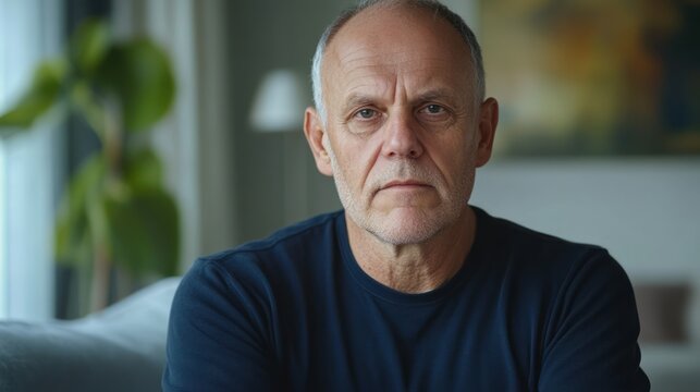 Caucasian senior man stares forward, showing calm, neutral expression, wearing simple shirt, sitting peacefully.