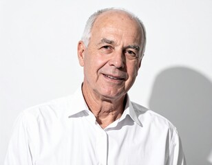 Obraz premium Elderly caucasian male with gray hair wearing a white shirt against a light background