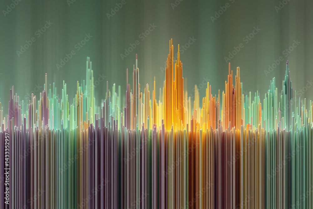 Poster An abstract data visualization with colorful vertical lines showing a data analysis, with dynamic light, creates a modern and futuristic aesthetic for presentations.