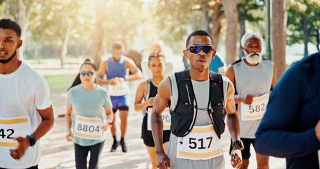 Running, marathon and sports with people in park for charity event, race challenge and fitness....
