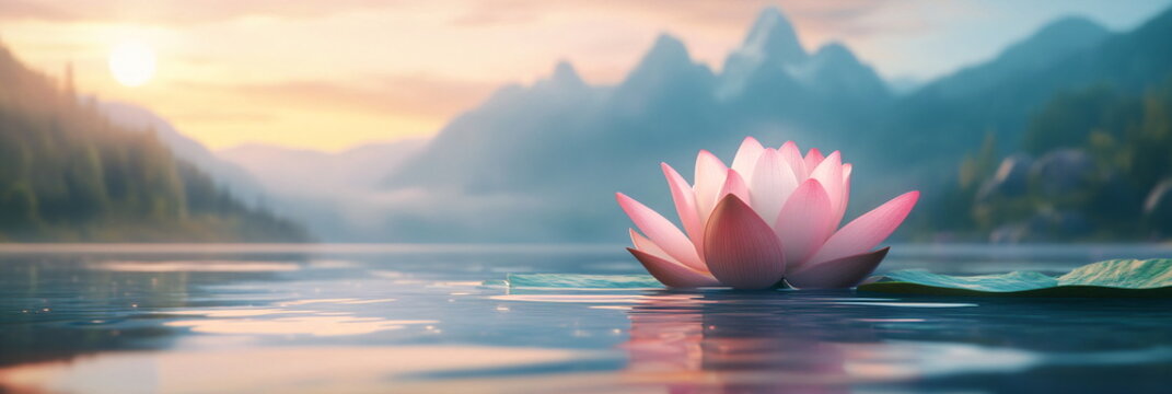 Pink lotus flower on tranquil water at sunrise. Peaceful landscape with mountain view reflected in a lake. Serene nature background for relaxation and meditation concept.