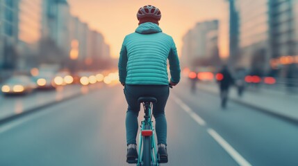 Cyclist Riding on Dedicated Bike Lane During Sunset in Urban Cityscape, Capturing Candid Moment of Cycling Enthusiasm