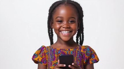 African girl smiles, holding phone, exhibiting communication, displaying digital literacy and positive attitude.