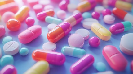 Colorful pills and capsules scattered on a pastel blue surface