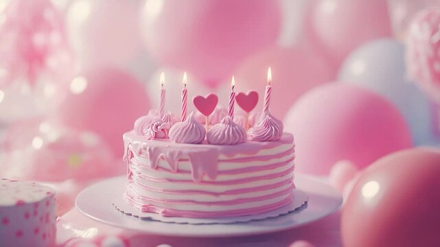 Colorful birthday cake with pink decorations and candles, surrounded by balloons