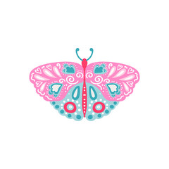 Ornament with butterfly and flowers. Scandinavian design in floral composition. Swedish and Norwegian motives. Vector illustration.