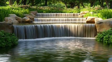 Serene three-tiered waterfall in lush park, tranquil water feature, peaceful garden background, ideal for relaxation or spa imagery