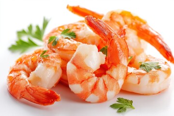 A delicious and appetizing presentation of cooked shrimps, garnished with fresh parsley, showcasing the vibrant colors and textures on a clean white background.