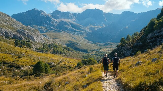 Senior couple hikes trail, backpacks on, poles assisting, embracing outdoor activity, enjoying scenic mountain views.
