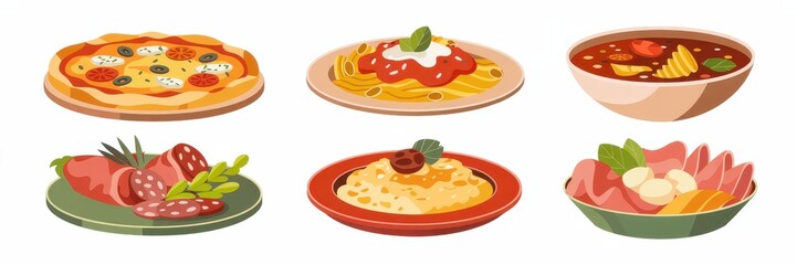 Colorful assortment of various food dishes on plates.