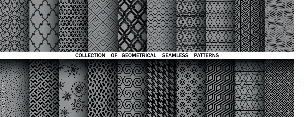 Poster Geometric set of seamless black and gray patterns. Simple vector graphics